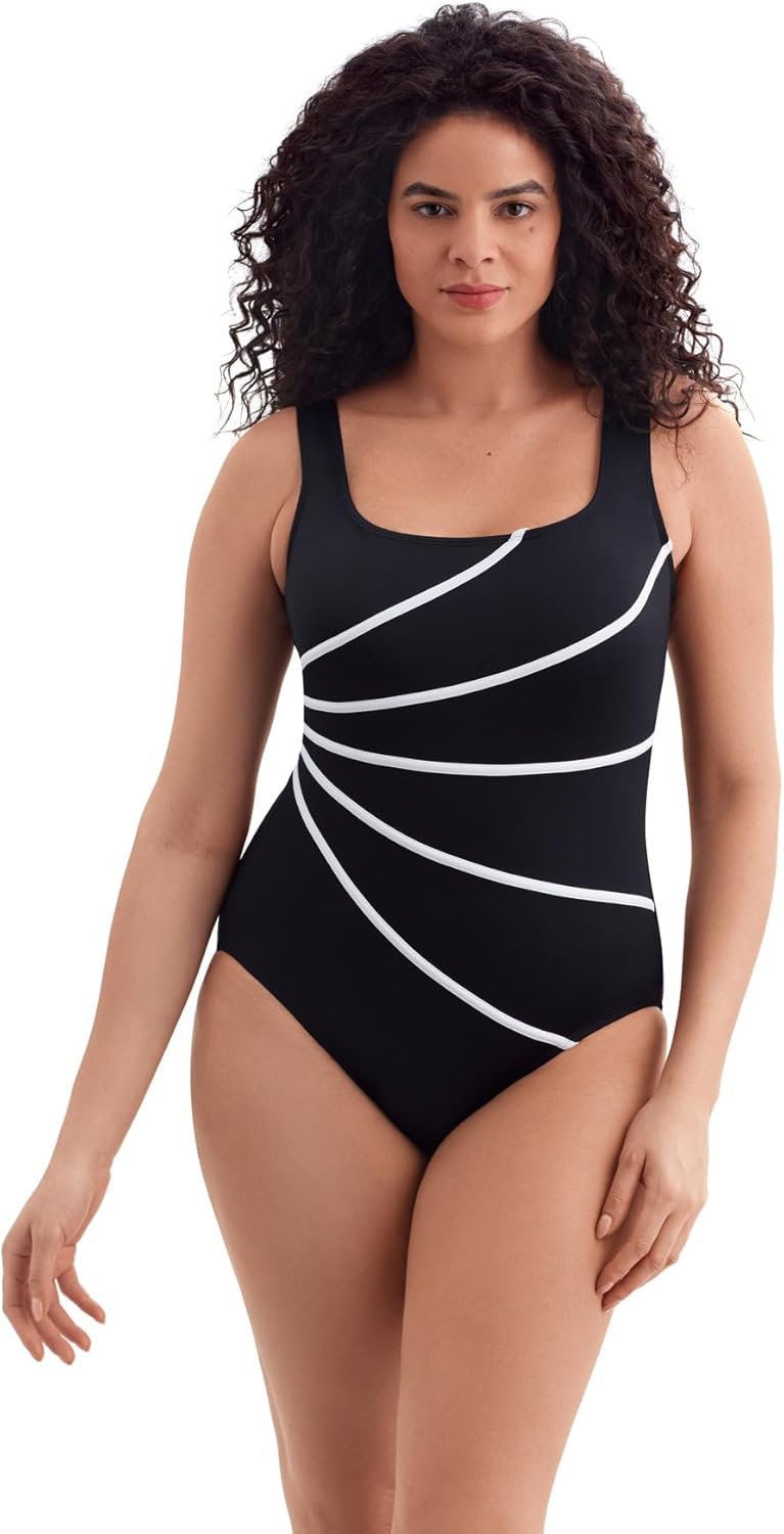 Women's Swimwear Solitude Fan Tank One Piece Swimsuit, Black/White, 16
