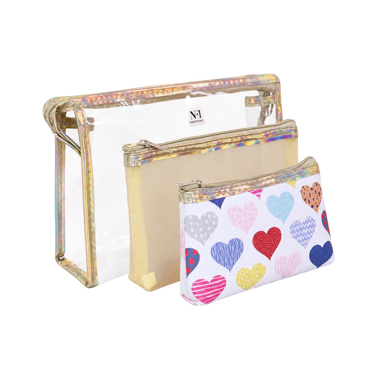 nfi essentials 3-in-1 transparent makeup organizer pouch set for women, multipurpose toiletry storage kit for makeup, skincare, jewelry & travel essentials, pvc cosmetic travel bag