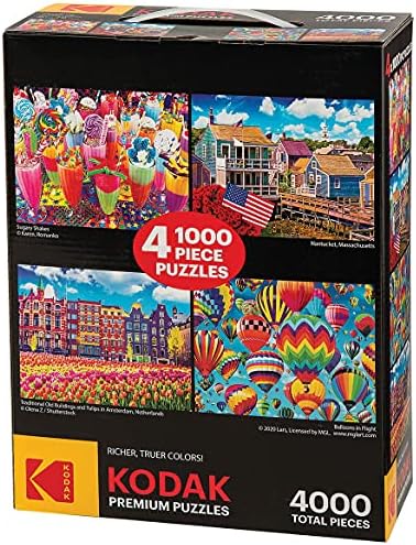 4000 pc Kodak Premium 4-in-1: Combination of Four 1000 Piece Puzzles Including; Bright Lights in NY, Covered Bridge in NH, Late Afternoon in Italy & Ballooning Fun
