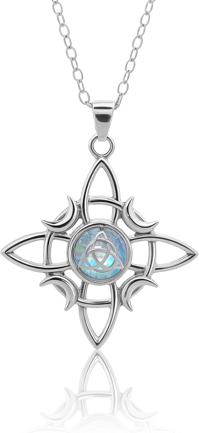 Witches Knot Necklace Sterling Silver - Celtic Knot Necklace Wiccan Moonstone Pendant, Protection Jewelry, Nudo De Bruja Jewelry Gifts for Women