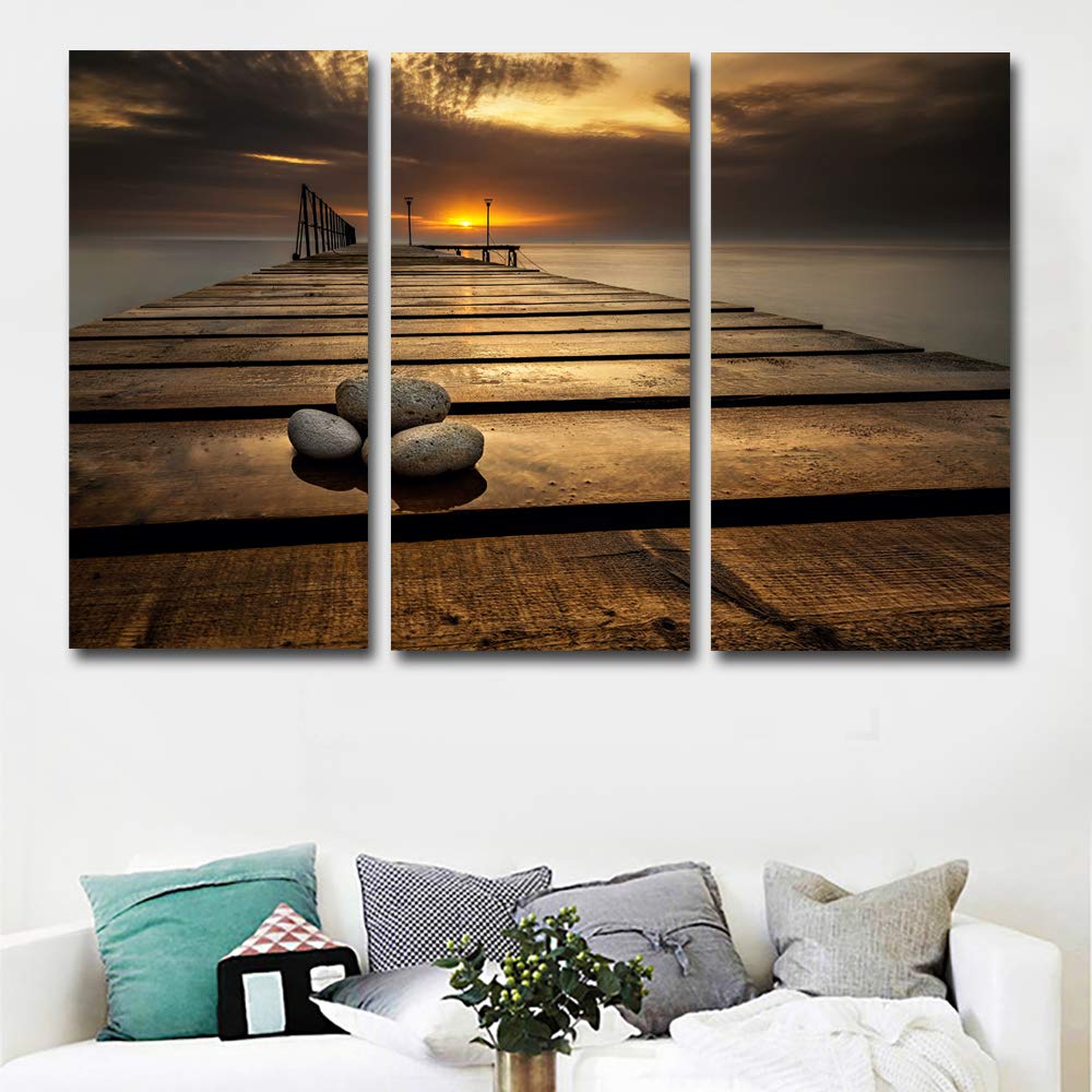 ZEALPLANT Canvas Painting 3 Pieces Wooden Bridge Sunrise Landscape Home Art Print Wall Decor Poster Hanging Painting