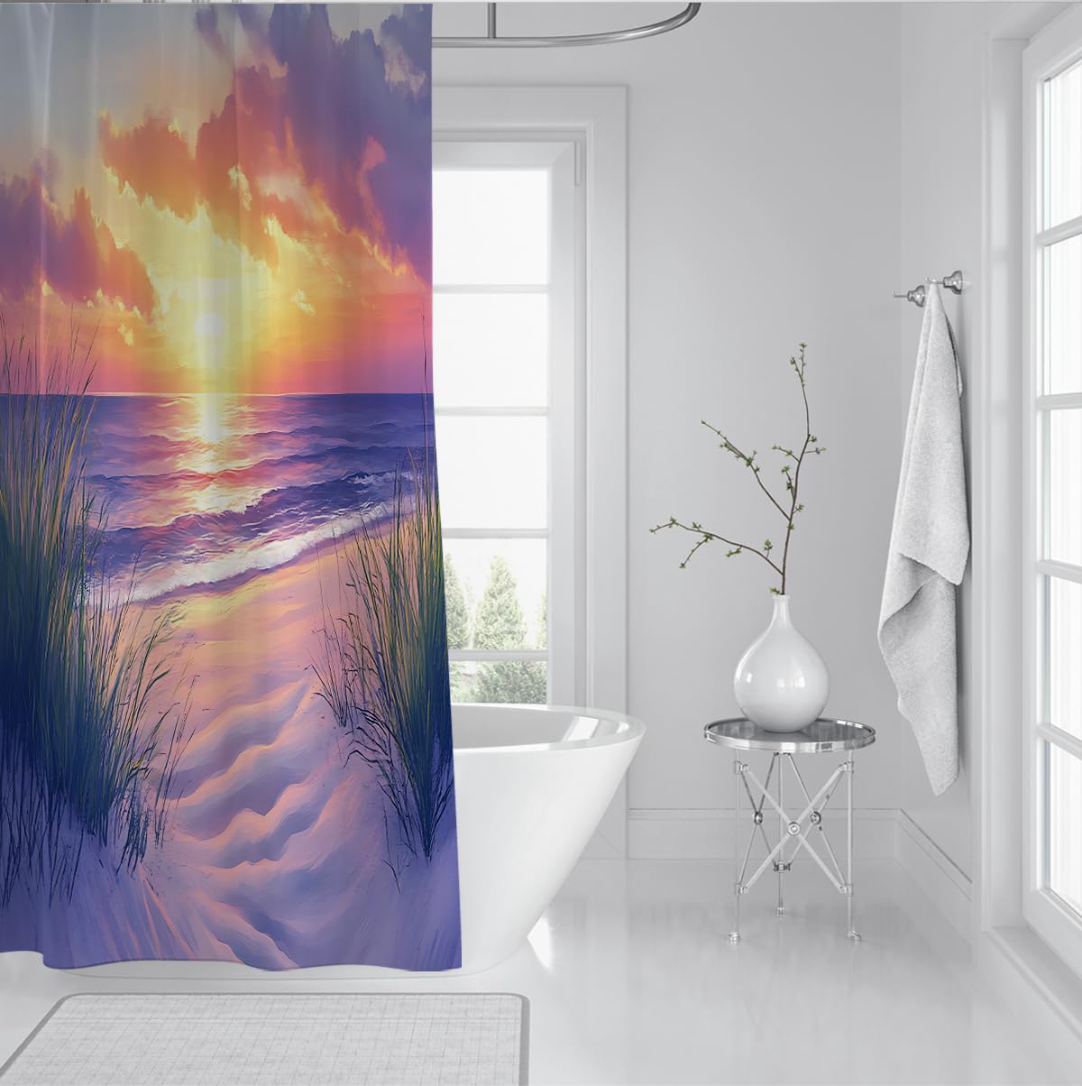 Rideau de douche plage coucher soleil vagues romantique W180xL200 cm