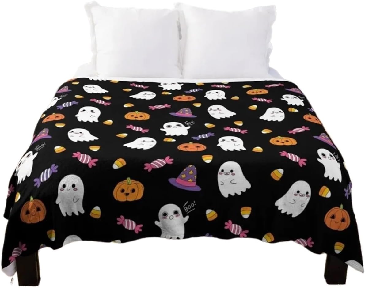 Cute Spoopy Ghosts and Halloween Candy Throw Blanket Thin Weighted Tourist Blankets