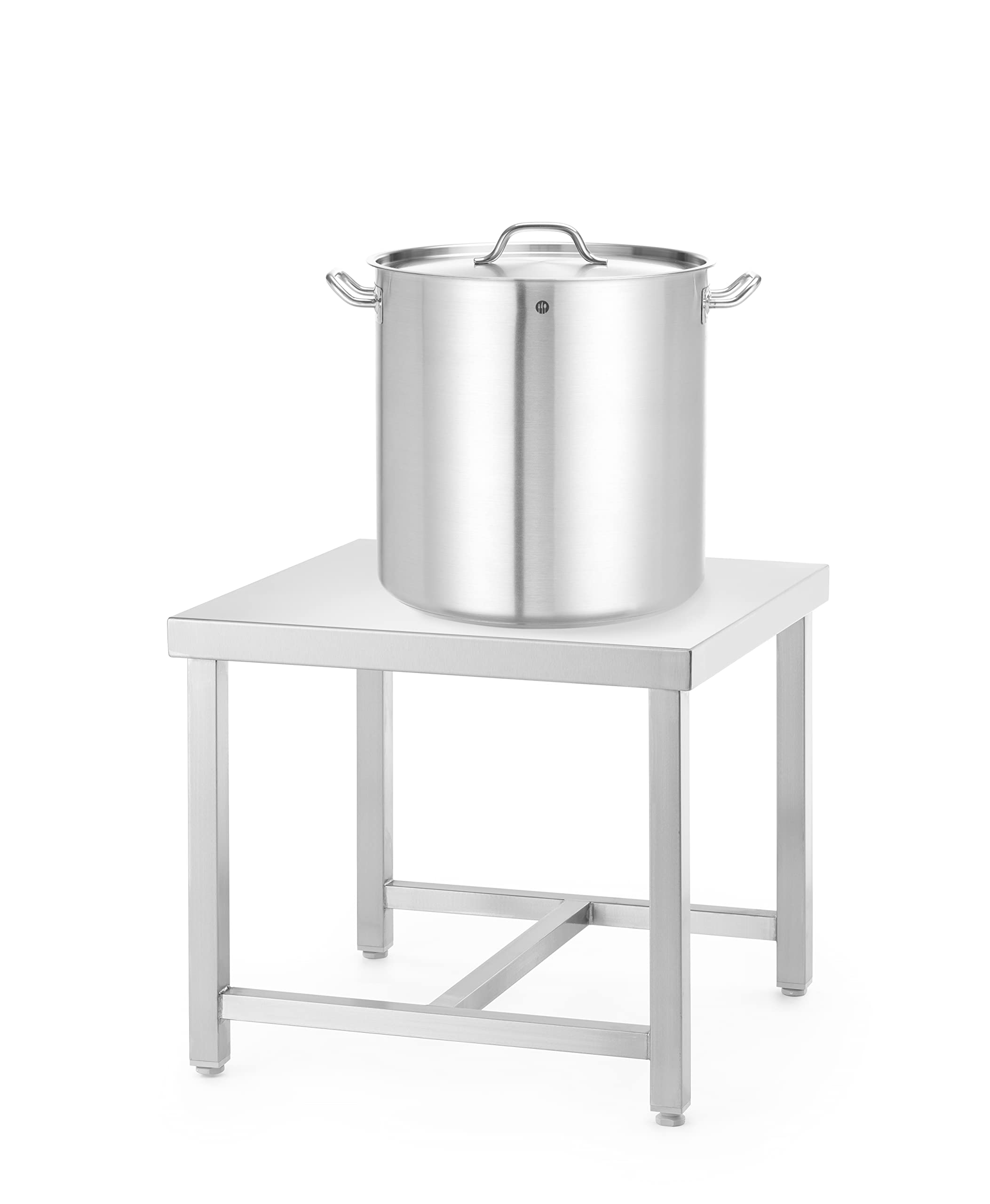 HENDI Soporte de ollas, porta ollas, encimera de trabajo, mesa, estante, para ollas grandes, soldado, patas ajustables, peso máximo: 100 kg/m², 550x550x(H)450 mm, acero inoxidable