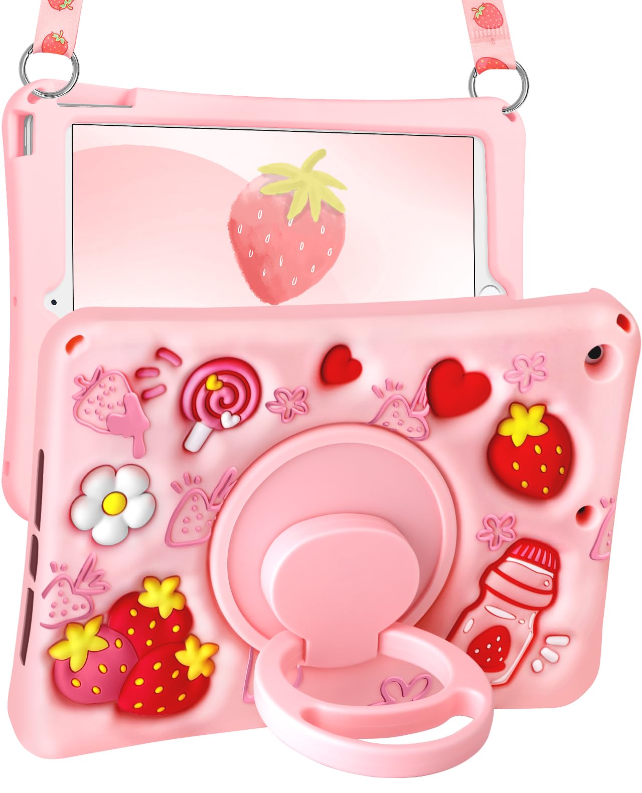 Boaretiu for iPad 9th/8th/7th Generation 10.2 Inch Case (2021/2020/2019) - Soft Silicone Cute Cartoon with Shoulder Strap & Rotating Stand Kawaii for