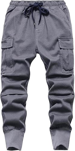 TLAENSON Boys Joggers Cargo Pants for Kids Drawstring Elastic Waist Cotton Twill