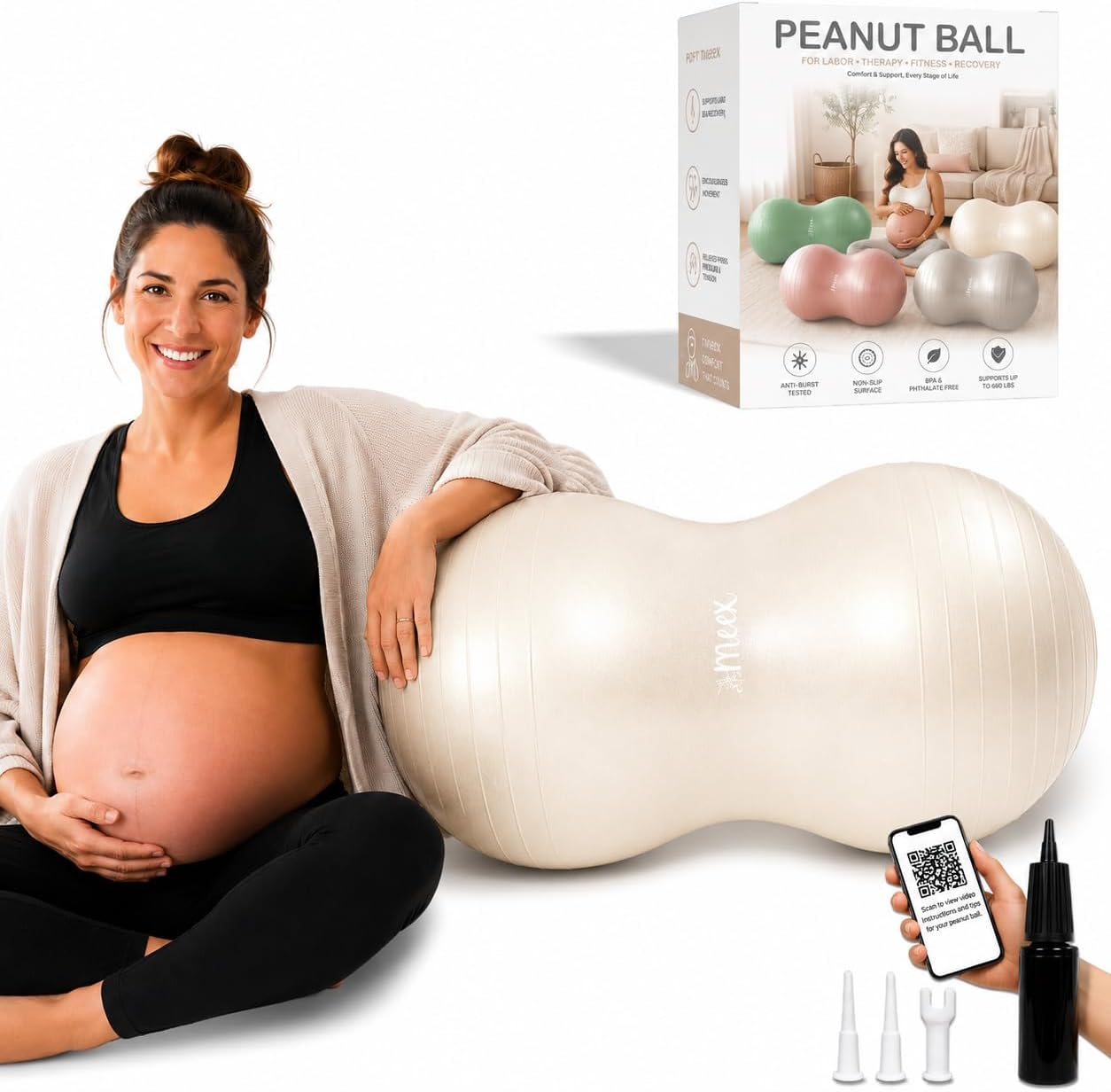 Meex Peanut Ball for Labor and Pregnancy - Durable Thick Birthing Exercise Ball - Antiburst With Pump Included
