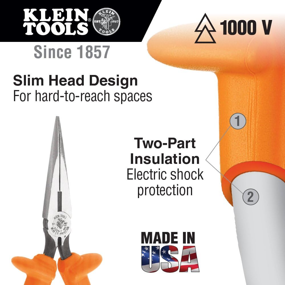 Best Seller Klein Tools D203-8-INS Long Nose Side Cutter Insulated Pliers with Induction Hardened Cutting Knives for Long Life, 8-Inch