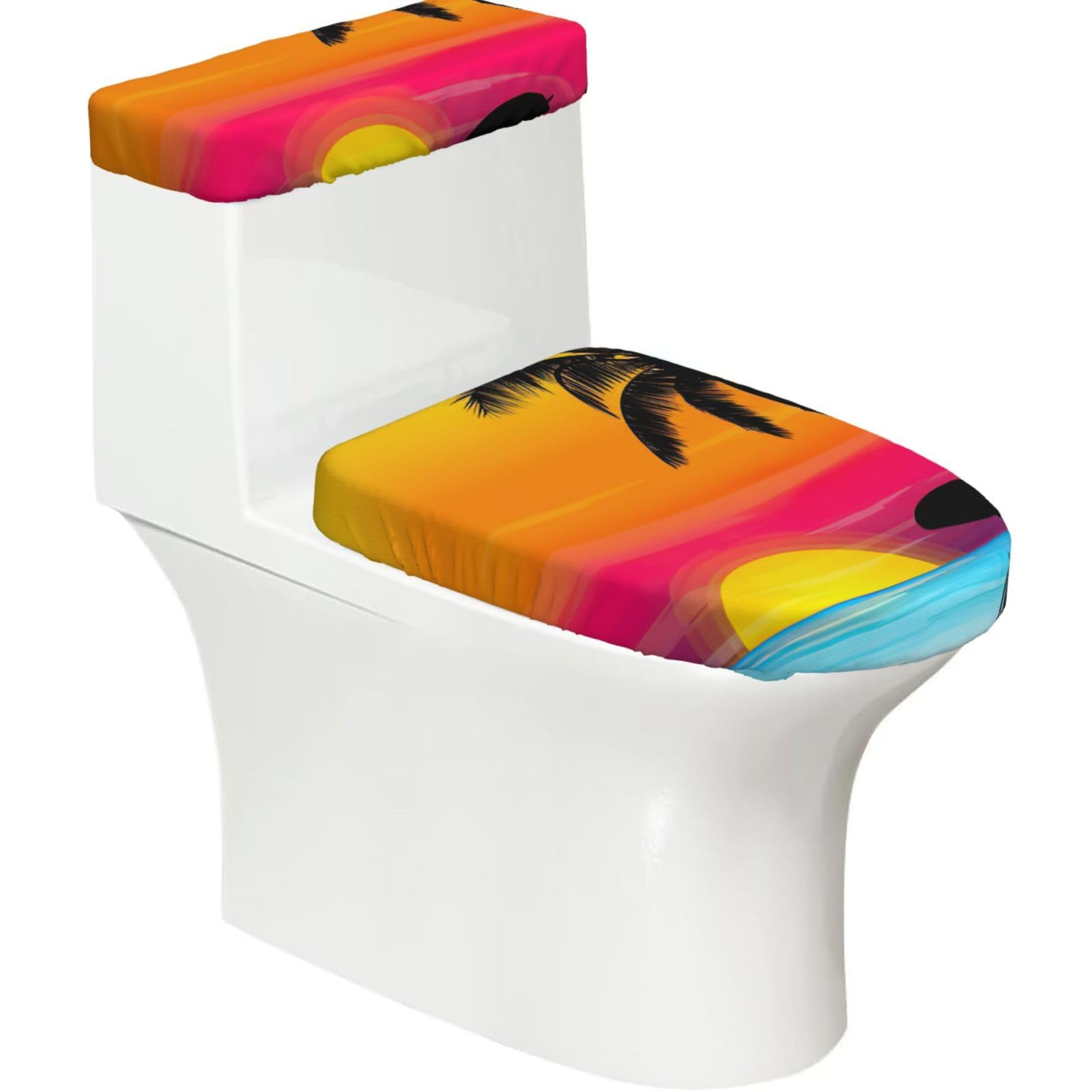 Sunset Palm Tree Print Bathroom Decor Toilet Lid Cover And Tank Covers, Restroom Accessories Fits Most Round
