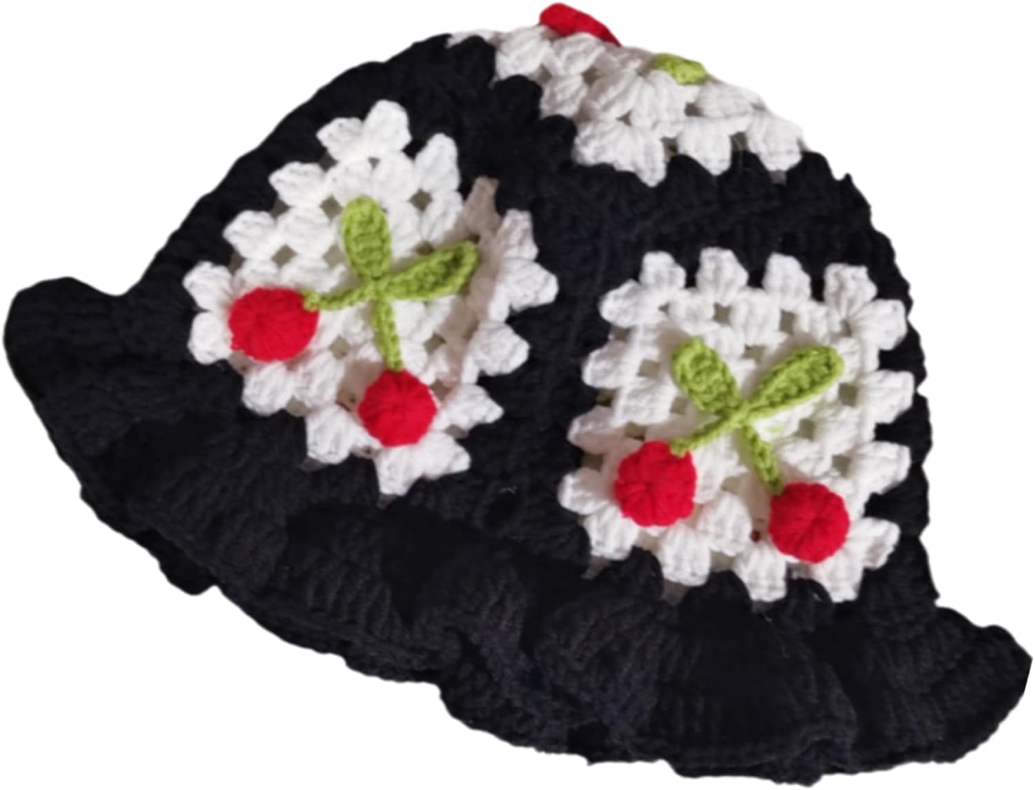 Crochet Bucket Hat for Women Handmade Knitted Beach Sun Hat Cherry Headwear for Teens Vacation Traveling