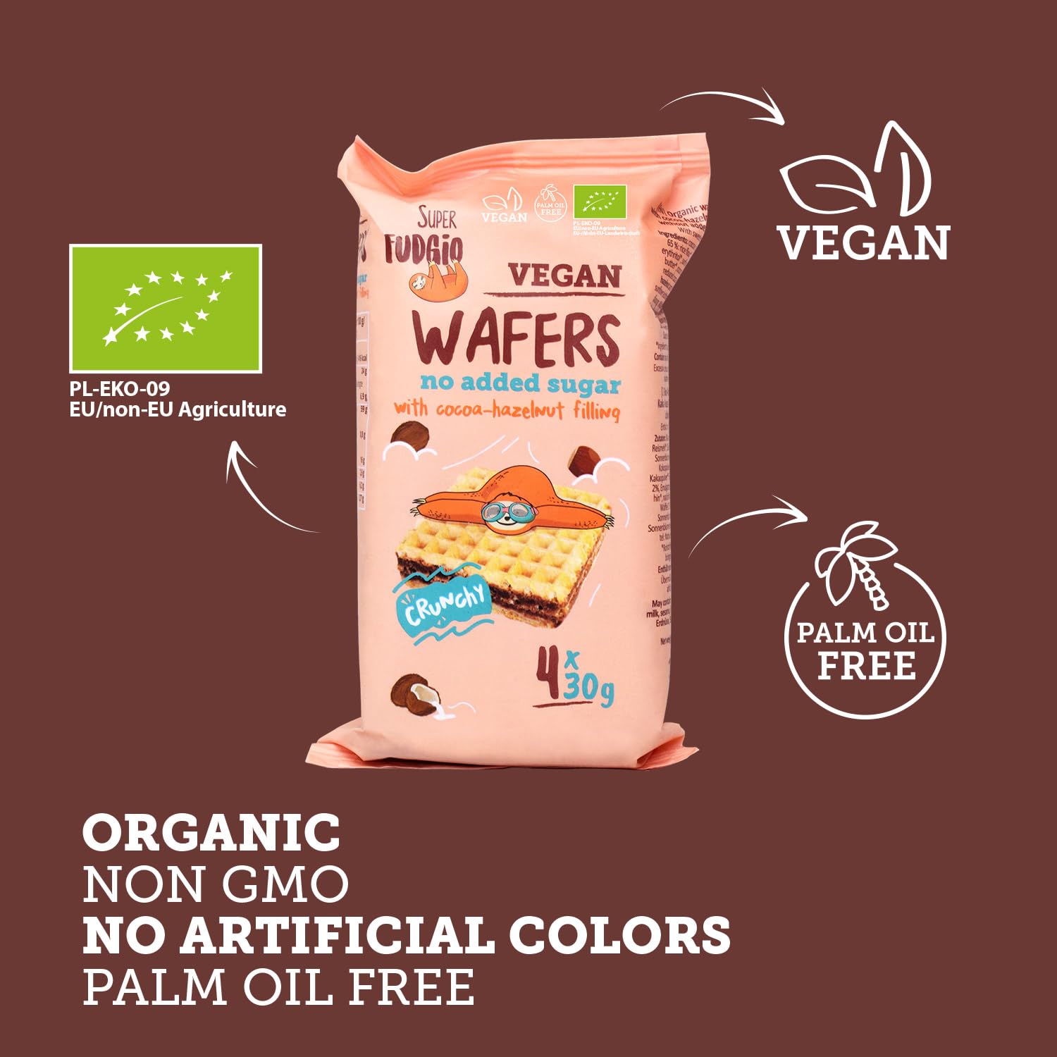 SUPER FUDGiO Bio Waffles con crema de cacao y avellana sin azúcar ni aceite de palma, sin azúcar añadido, 4 x 30 g (8 unidades)