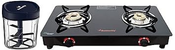 Butterfly Premium Vegetable Chopper 900 Ml, Blue and Smart Glass 2 Burner Gas Stove, Black Open