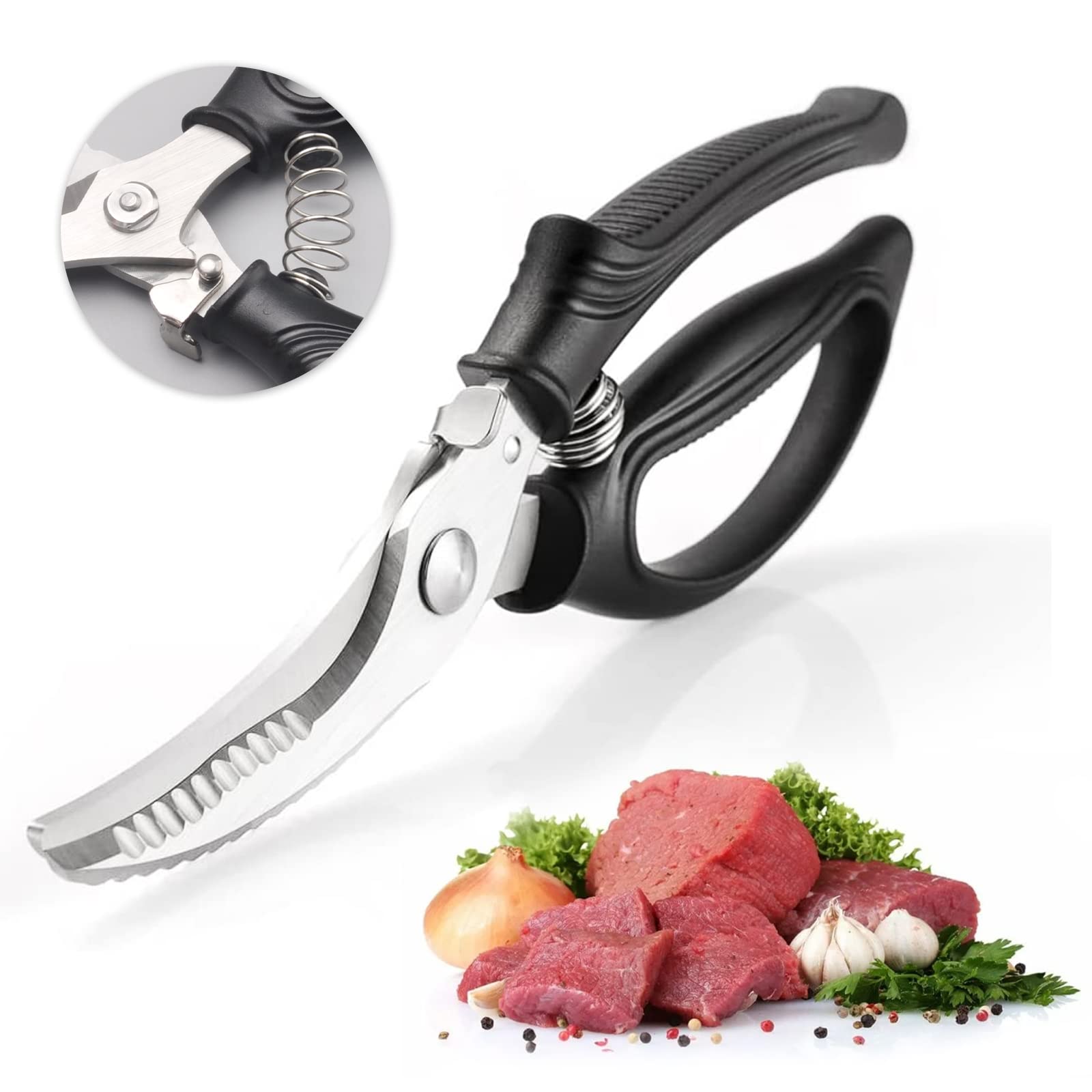 Poultry Scissors, Sharp Stainless Steel Poultry Shears for Meat with Handle Lock, Non-Slip Plastic Handle and Spring, Suitable for Cutting Chicken Bone, Fish, Vegetables and BBQ