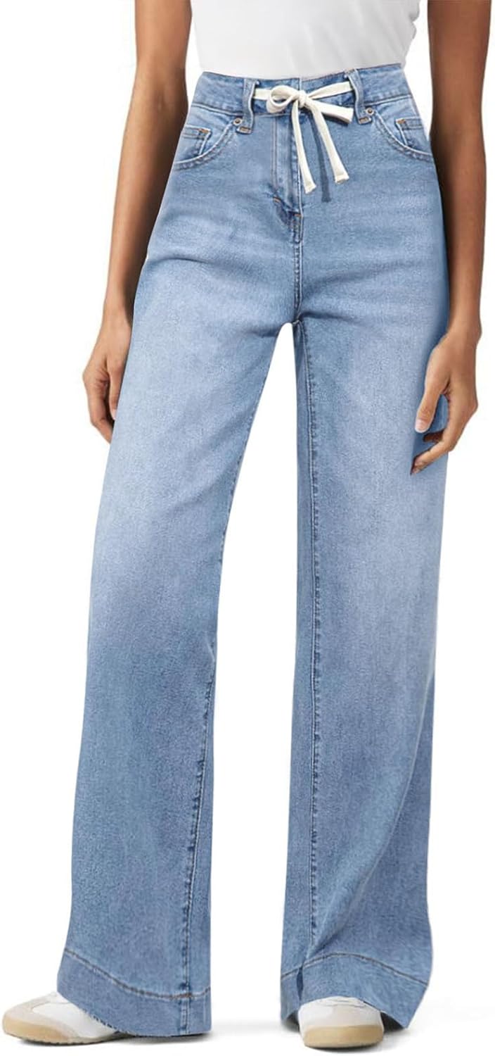Women's Wide Leg Jeans High Waisted Stretchy Straight Leg Baggy Drawstring Zimbaplatinum Denim Pants with Pockets