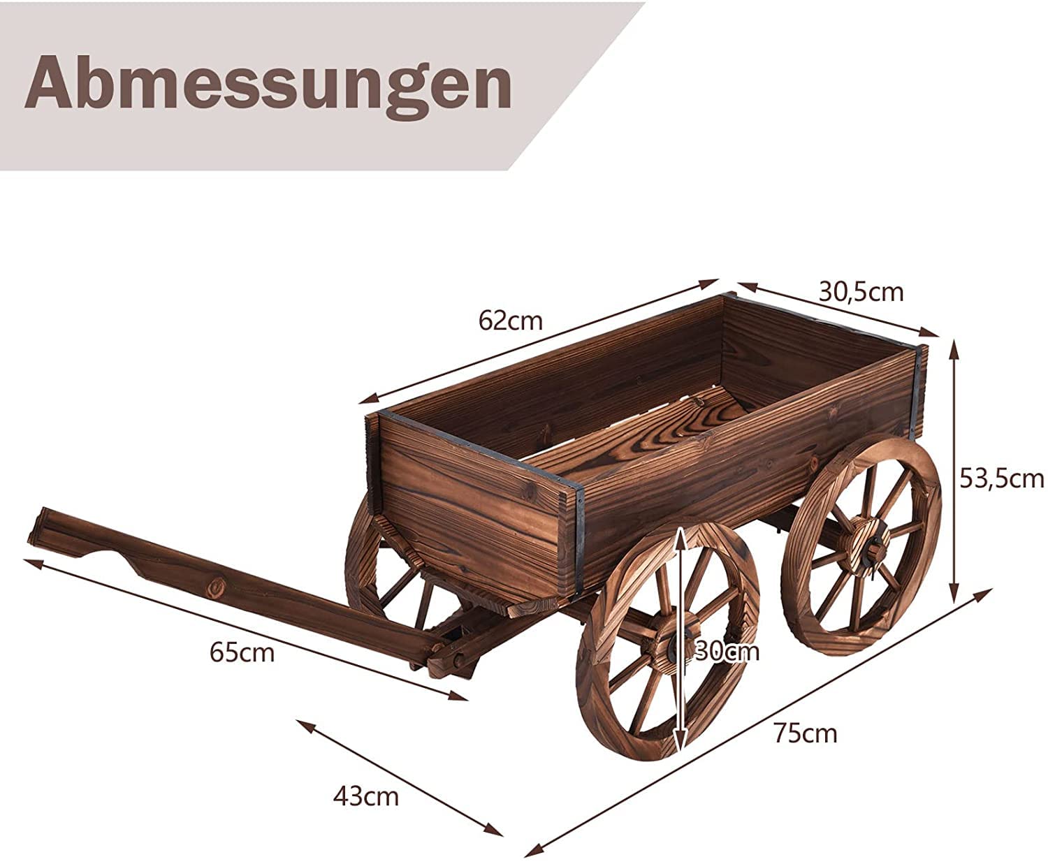 RELAX4LIFE Blumenwagen Holz, Pflanzwagen mit 4 Rädern, Verstellbarem Griff, Ablauflöchern, Bollerwagen Outdoor wetterfest, Pflanzkarre Pflanztopf für Garten Balkon Terrasse, 120 x 43 x 53,5 cm, Braun