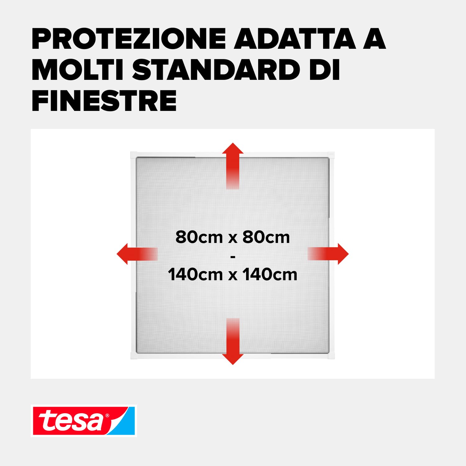Tesa 55214 Insect Stop Ripiegabile, Zanzariera per Finestre Telescopica con Telaio in Alluminio, Bianca, 80 x 80cm Fino a 140 x 140cm