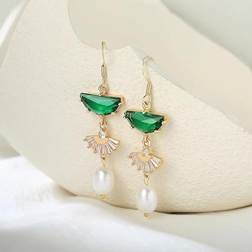 Miniatura 4 de Art Deco Earrings Emerald Green Drop Chandelier Jewelry for Women, 1920s Vintage Bridal & Wedding Statement Sterling Silver Earrings