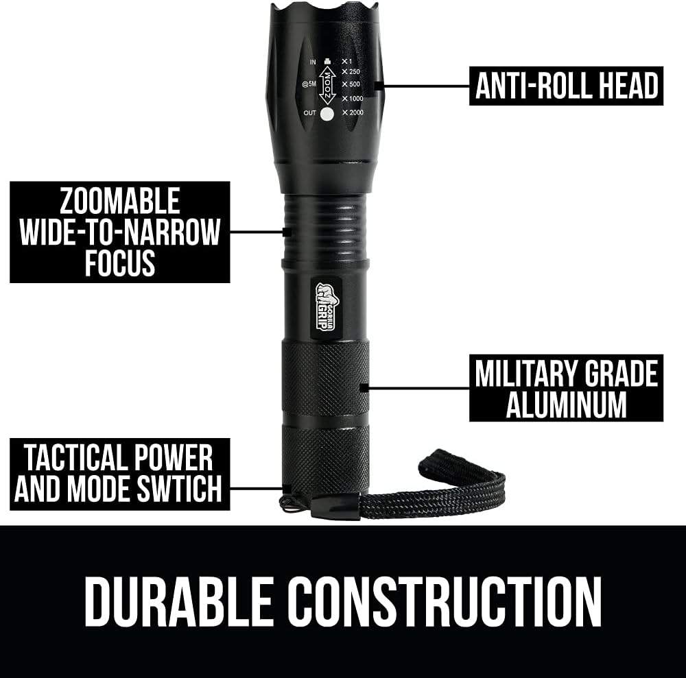 Gorilla Grip Tactical Handheld LED Flashlight, Ultra Bright 5 Mode, Long Lasting, Water Resistant, High Lumen, 750 FT Zoomable Flashlights, Camping Accessories, Outdoor Gear, Emergency Outages, Black : Tools & Home Improvement