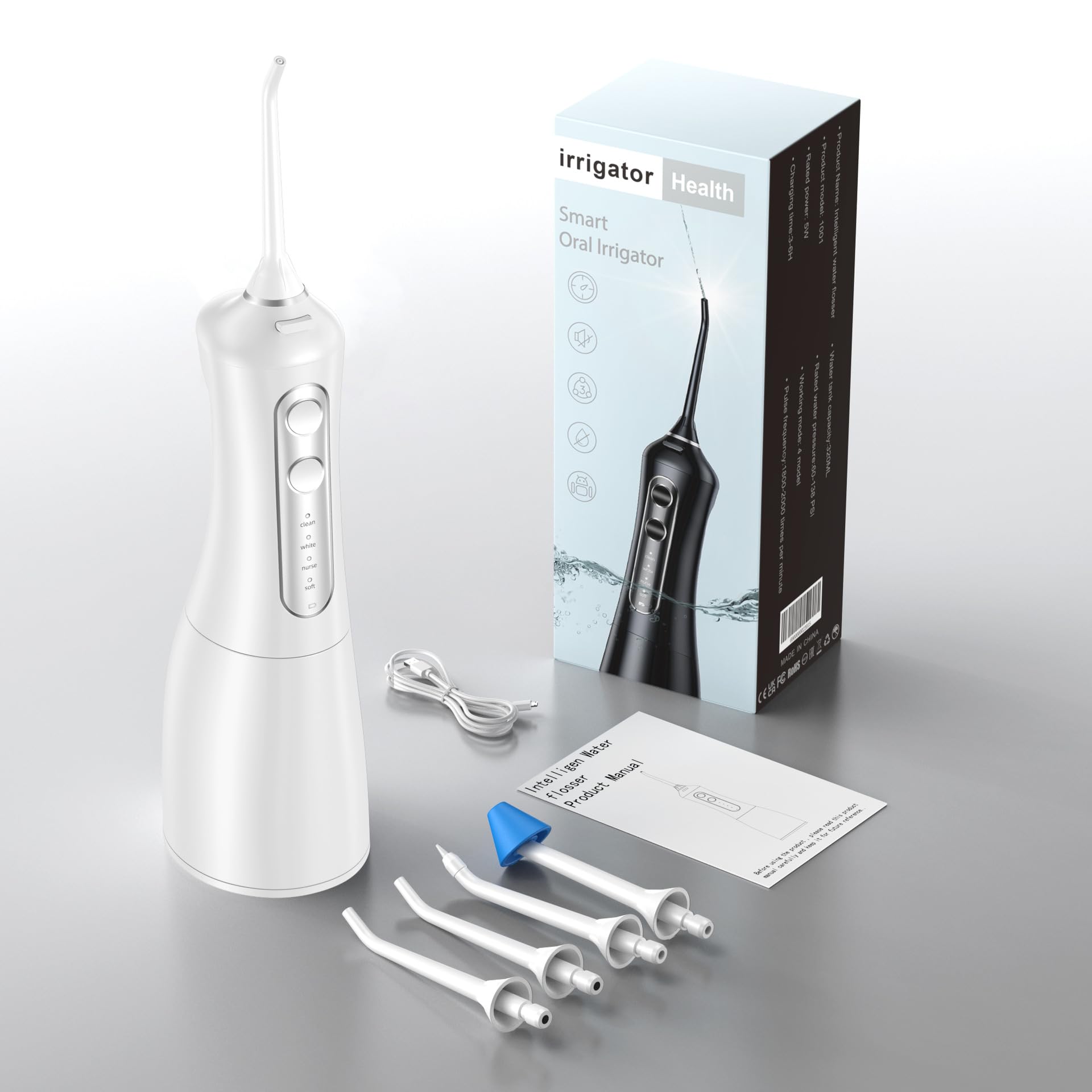 Irrigador bucal inalámbrico, irrigador oral portátil recargable con 5 modos, limpiador de dientes impermeable IPX7 con 4 boquillas para viajes y uso doméstico