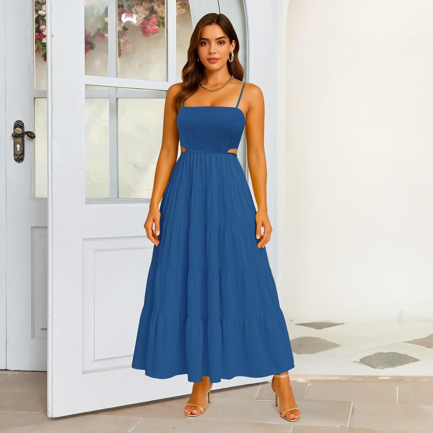 Womens Spaghetti Strap Sundress Casual Summer Long Maxi Dress Smocked A Line Swing Cocktail Party Vacation Dresses - Image 2