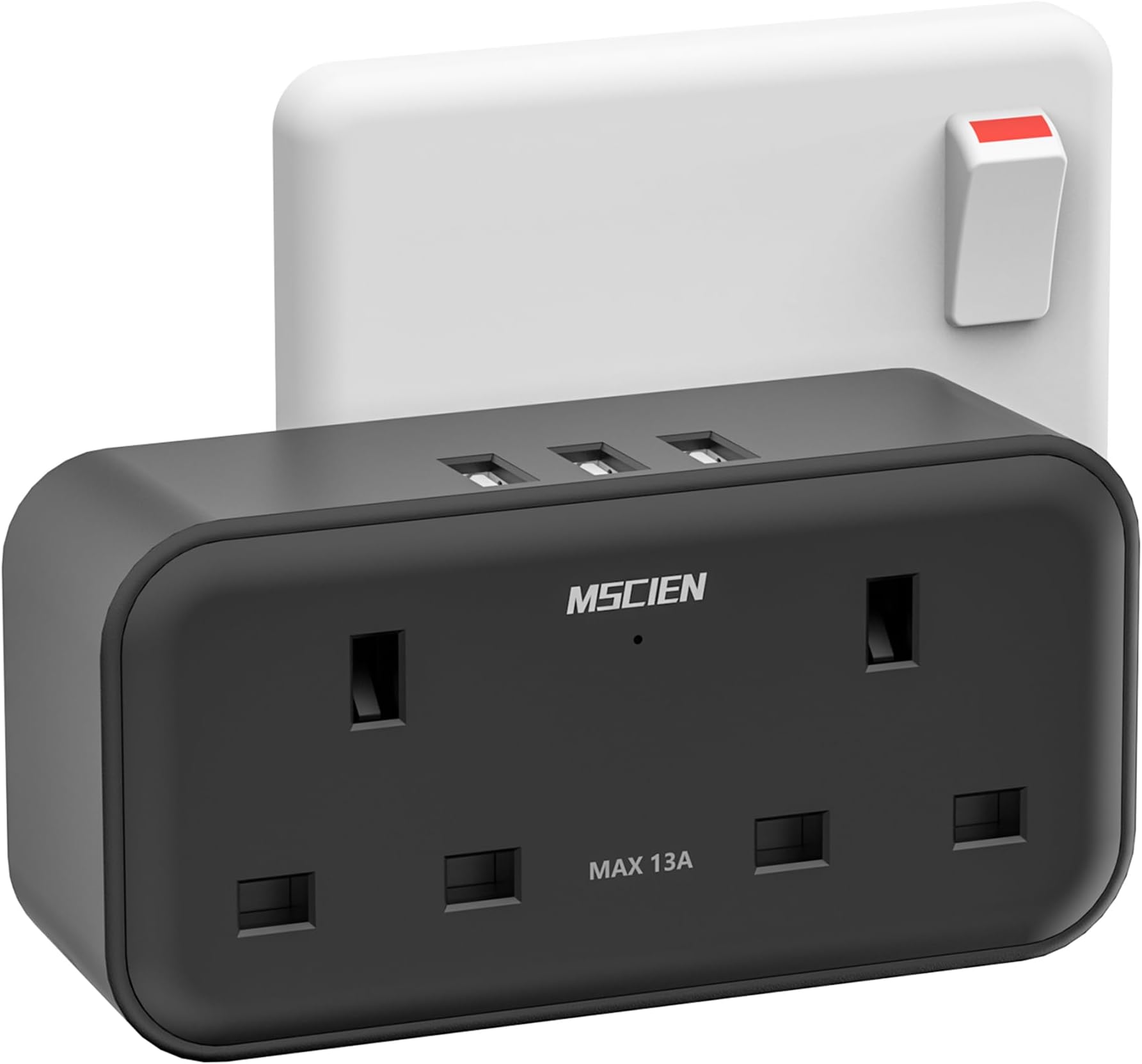 Double Plug Adaptor, Mscien Plug Adapter with 3 USB, 2 Way Plug Extension with Dual 2 Pin Socket at The Bottom, 13A UK Multiplug Extender, Wall Charger Power Socket for Home Kitchen Office, Black