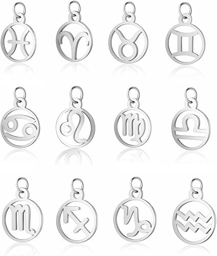 12 dijes de constelaciones de acero inoxidable con signos del zodiaco, planos, redondos, astrología, horóscopo, para collares, pulseras, aretes,