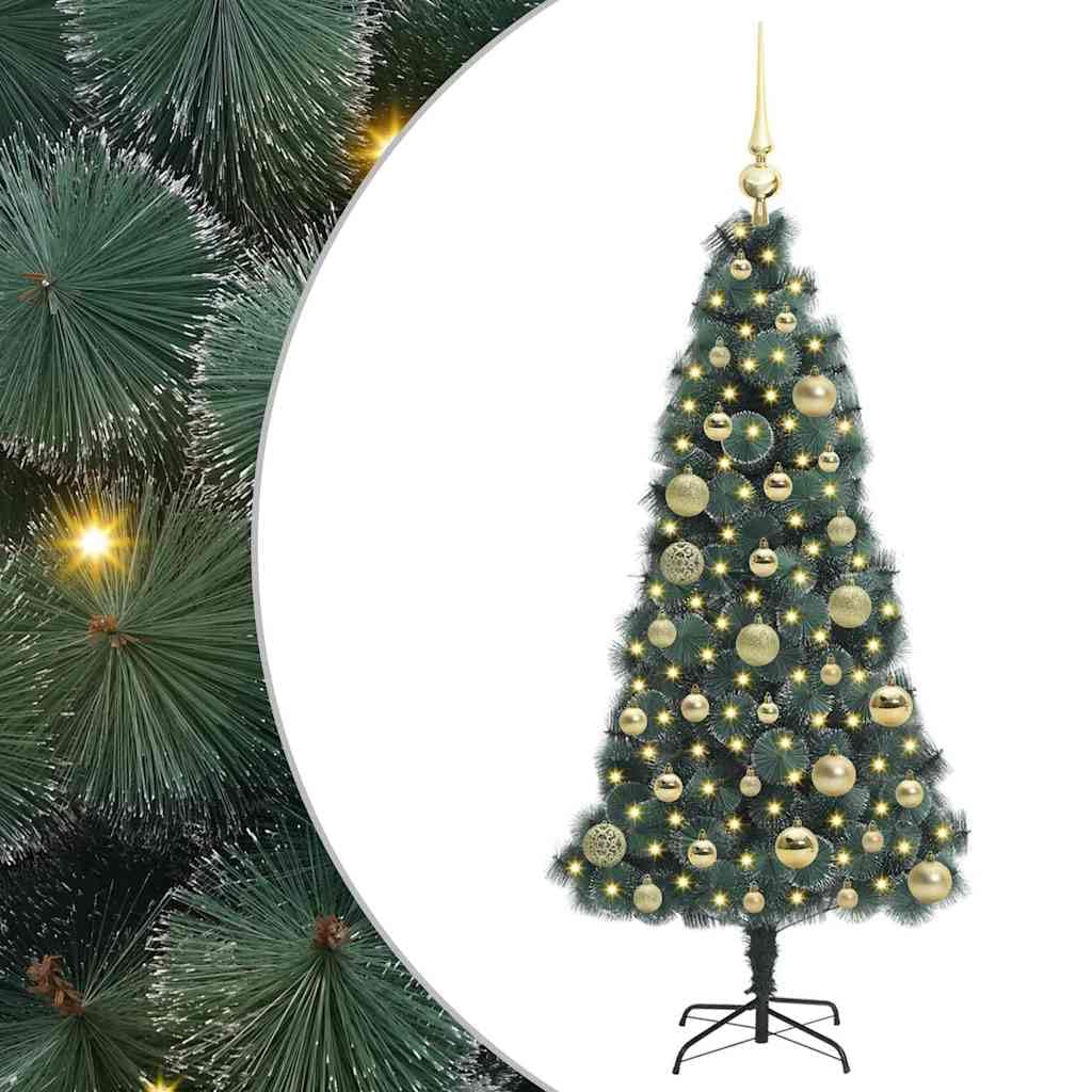 Árbol de Navidad artificial iluminado de 120 cm con juego de bolas, 150 luces LED de color blanco cálido, cono PET duradero para uso en interiores y exteriores, conexión USB fácil