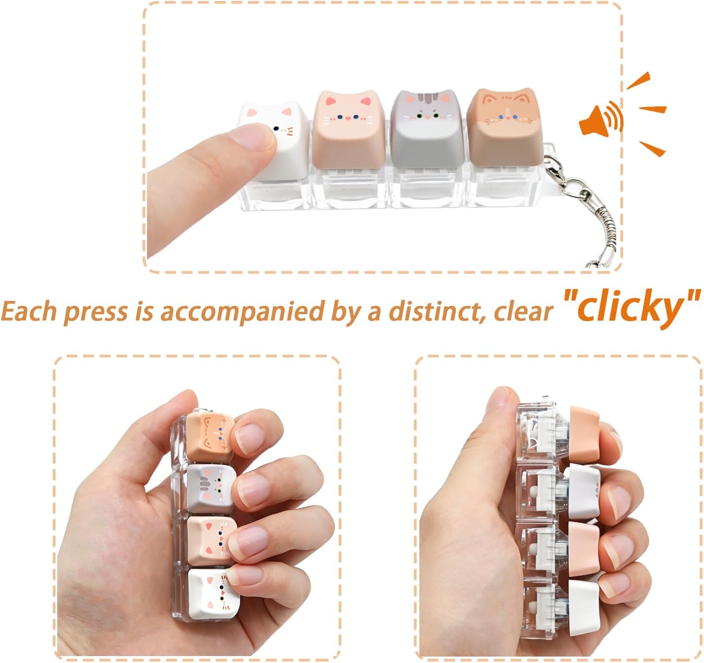 Keyboard Fidget Clicker Keychain, 4 Cat Keys Clicky Keyboards Fidgets for Adults, Stress Relief Button Finger Keycaps for Anxiety Decompression (Clear 1 Pcs)