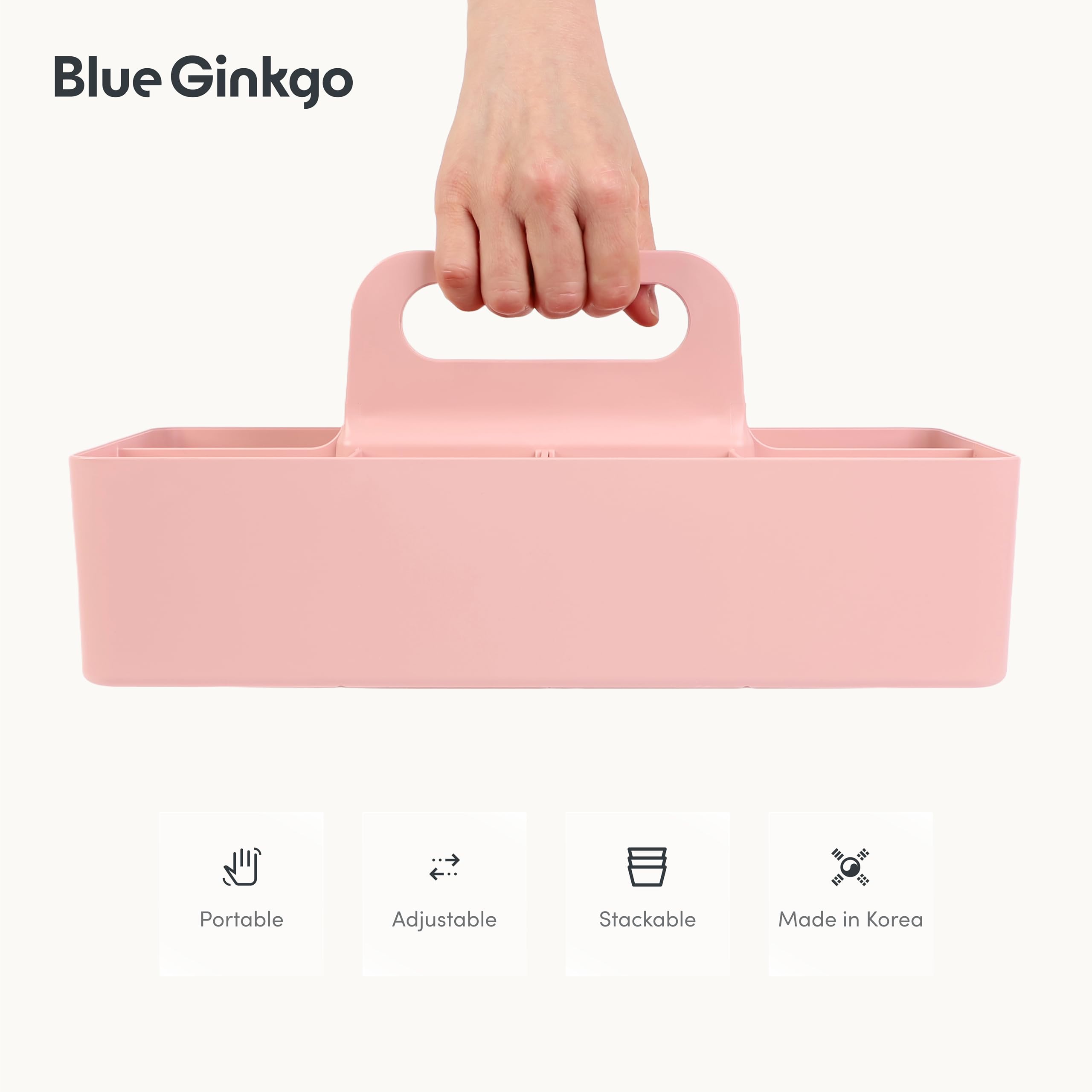 BLUE GINKGO Stackable Organizer Caddy Korean-Made Portable Tote for Bathroom Office Crafts or School Supplies Long Rectangle Pink — view 5