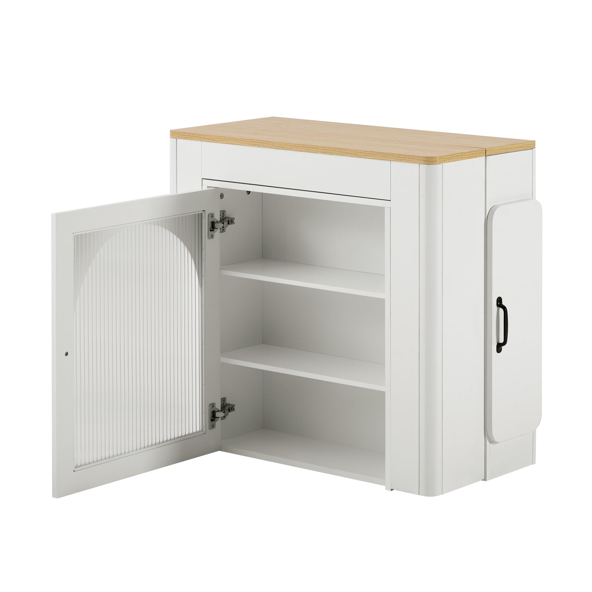 Isla de cocina extensible 149,5 x 80 x 77 cm, con superficie de trabajo extraíble, mesa bar con enchufe múltiple integrado, aparador con dos cajones y amplio espacio de almacenamiento (blanco)