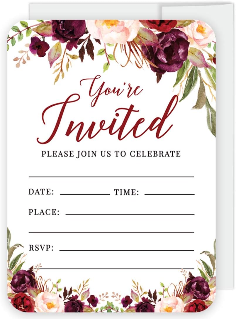 Andaz Press Fall Autumn Burgundy Maroon Floral Flowers Party, 5x7-inch Fill in the Blank Invitations with Envelopes, You're Invited, Join Us to Celebrate, 24-Pack, Includes Cards & Envelopes
