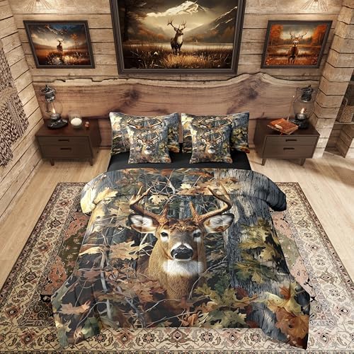 Erosebridal Deer Camo Queen Comforter Set with Sheets Rustic Hunting Bedding Set 7-Piece for Men Boys Kids Adults Camouflage Army Deer Bed in A Bag Vintage Hunting Animals Quilt Duvet Insert