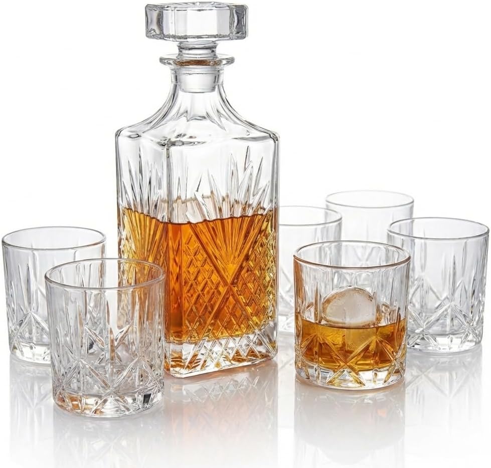 Luxury Crystal Whiskey Decanter Set – 7-Piece 800 ml Decanter with 6 Glasses & Gold Tray – Vintage European Cut Design, Perfect Scotch & Bourbon Gift Set for Men, Home Bar & Christmas