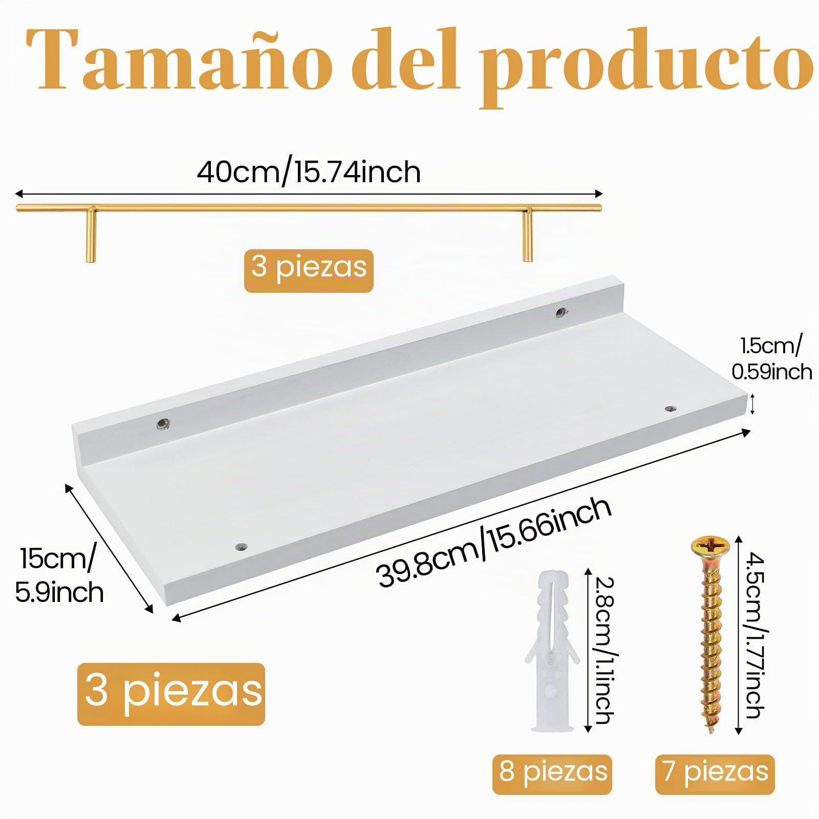 3PCS Estantes Flotantes de Madera 40x15cm, Baldas Flotantes Blancas para Pared, Estanterías de Madera para Pared, Estantes Colgantes dePared para Dormitorio, Cocina, Oficina o Sala de Estar