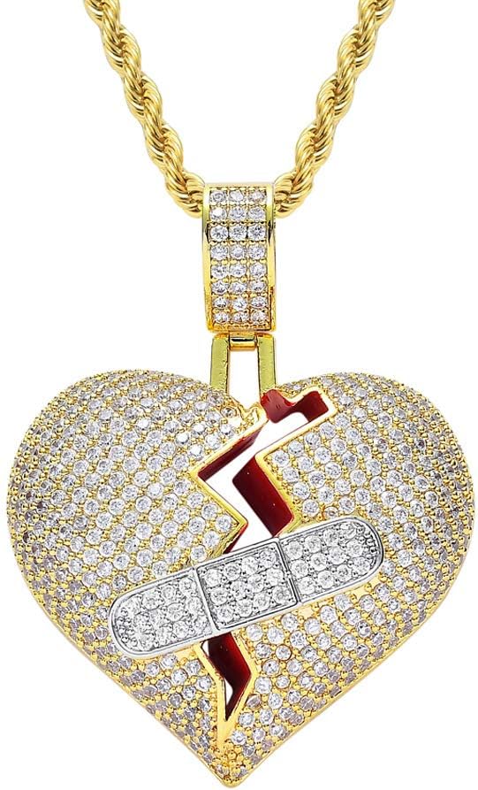 Hip Hop 18K Gold Plated Iced Out Full Cubic Zircon Broken Heart Band Aid Necklace Pendant for Women Men