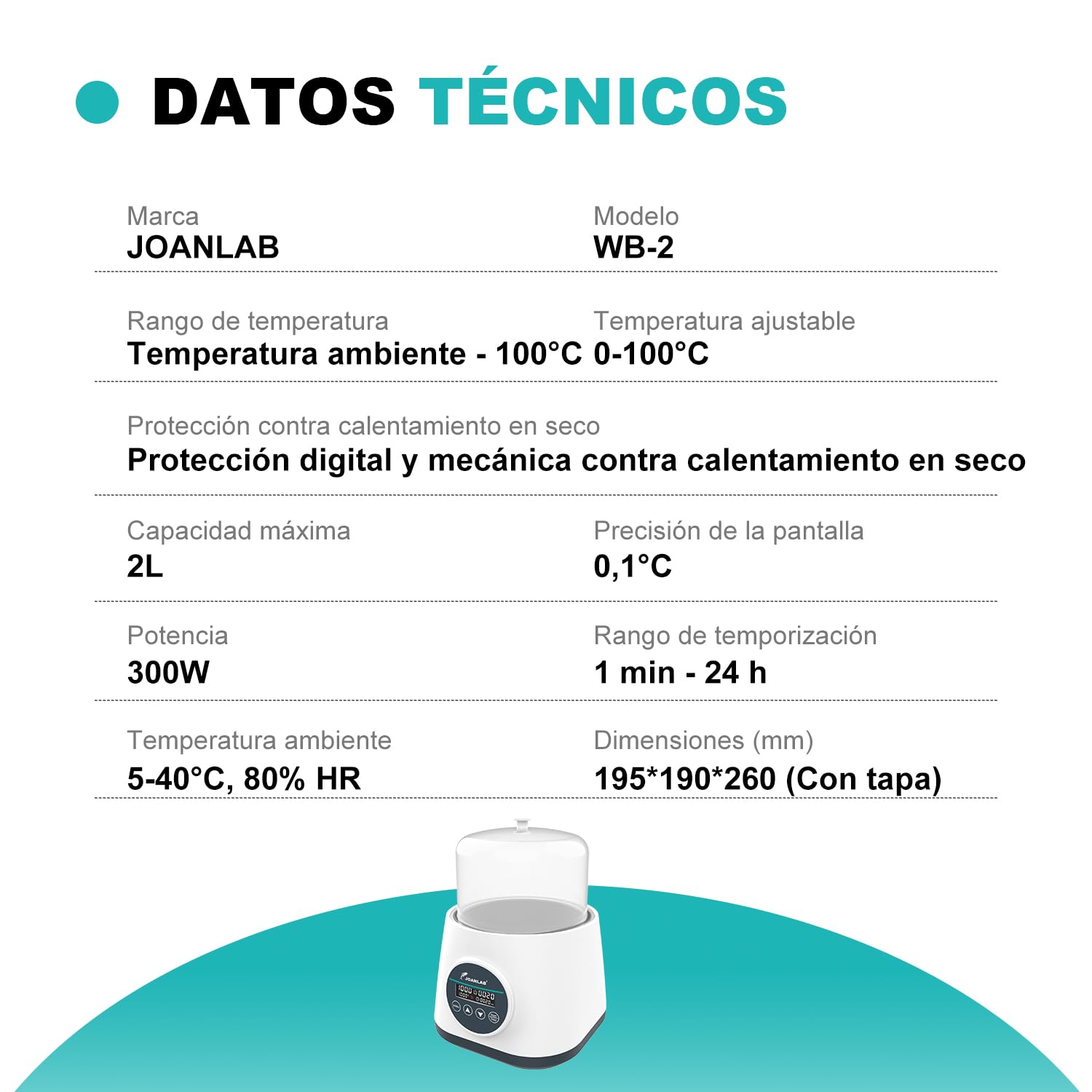JOANLAB Baño de María Digital 2L, Calentamiento Preciso 100°C, Tanque de Acero Inox con Temporizador & Doble Protección, Tapa Transparente Laboratorio(WB-2S)