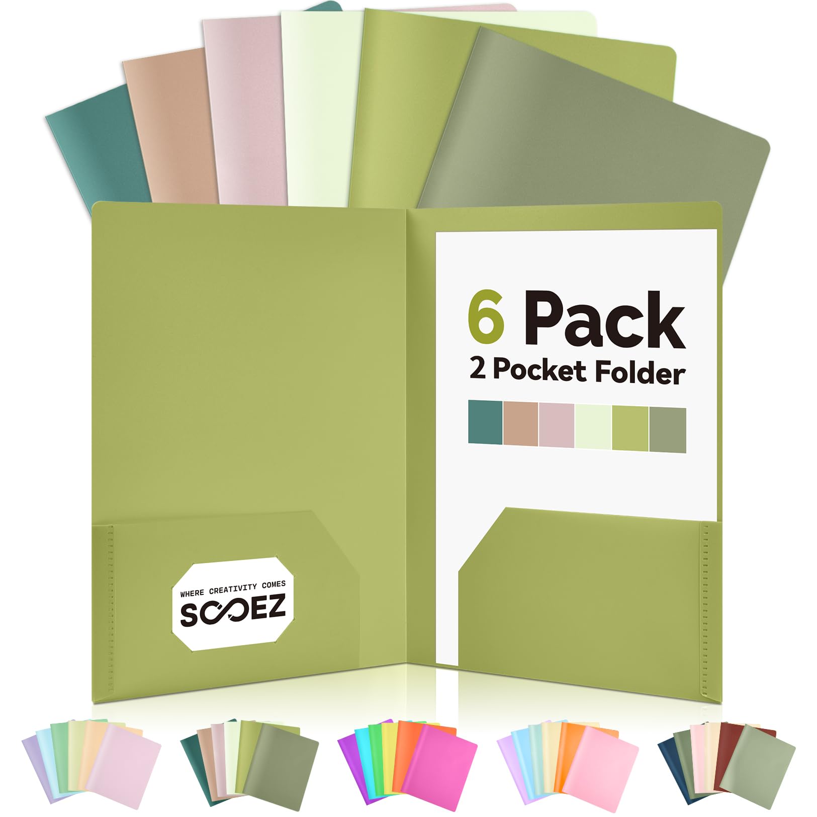 Sooez 6Pack Folders with Pockets, Heavy Duty Plastic Pocket Folders, 2 Pocket File Folders Bulk, School Business Folder Office Filing Supplies, Green Colors