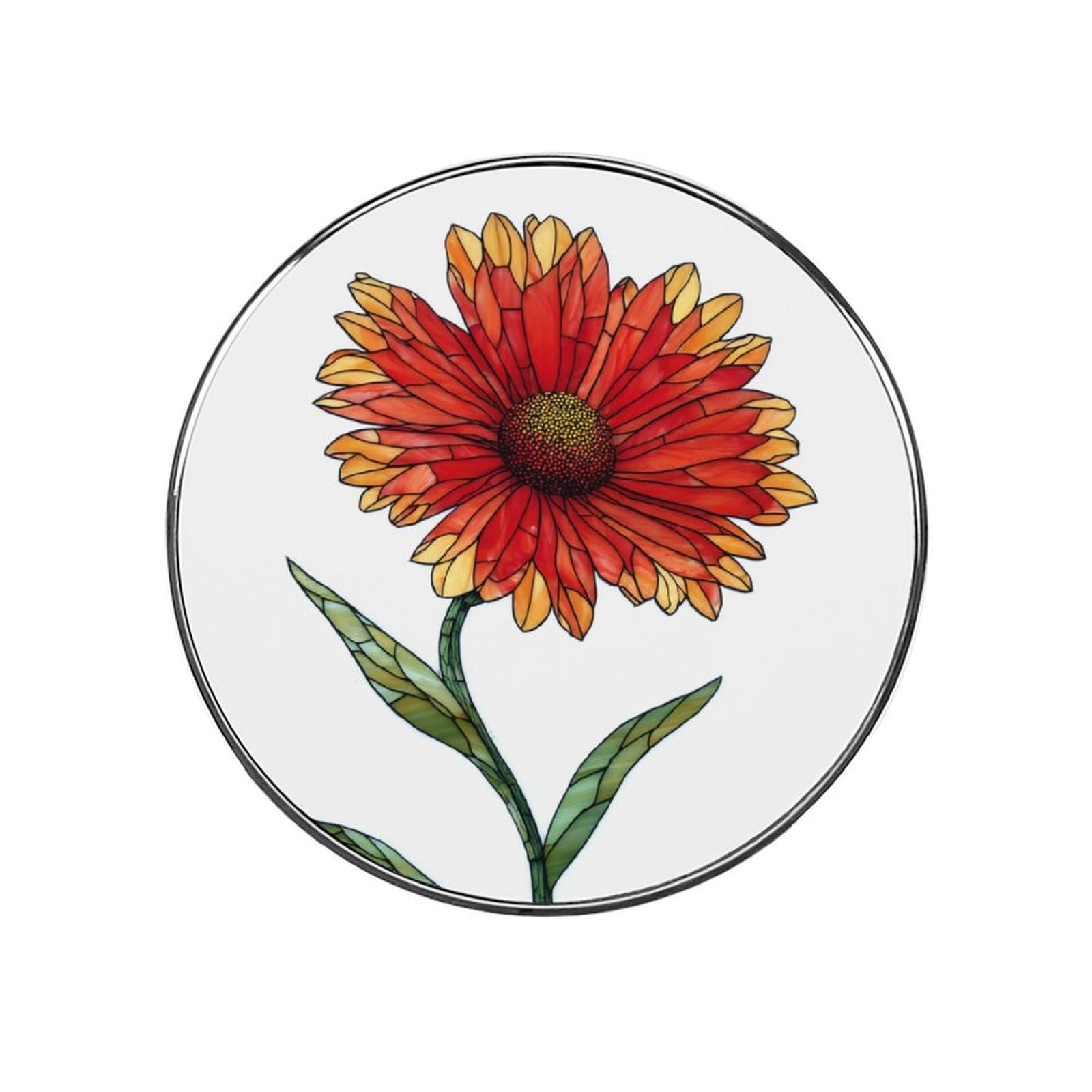 Stained Glass Indian Red Wildflower Fridge Magnets DIY Art Round Magnetic Refrigerator Sticker for Home Kitchen Car Garage Decor