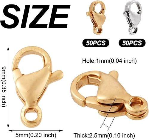 Vista 23 de Pandahall - 100 cierres de pinza de langosta de acero inoxidable, joyería de oro real de 24 quilates, cierre de langosta de 2 colores, cierre