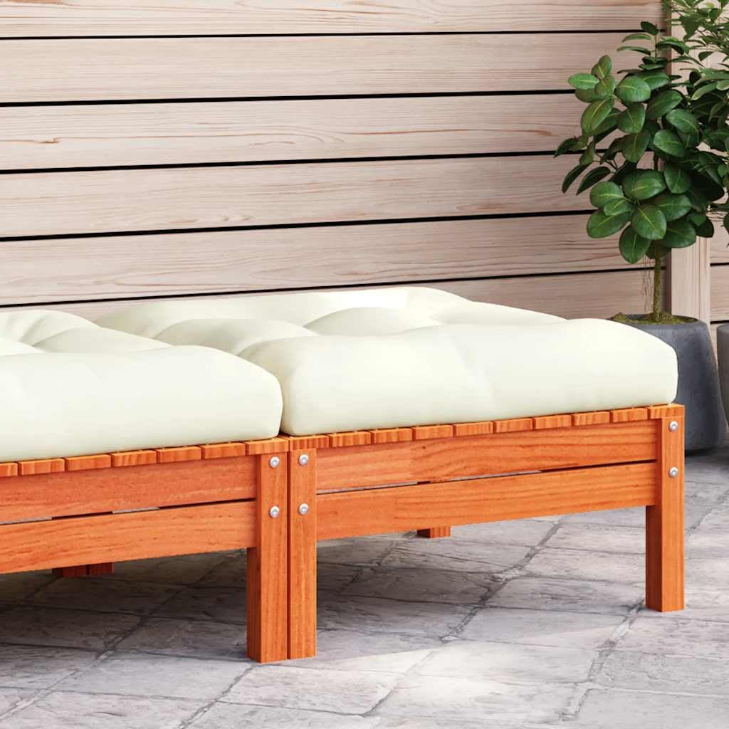 Solid Pine Wood Patio Footstool with Cushion in Wax Brown, Durable Outdoor Ottoman for Garden and Terrace, Modular Slatted Design for Comfortable Seating and Versatile Use
