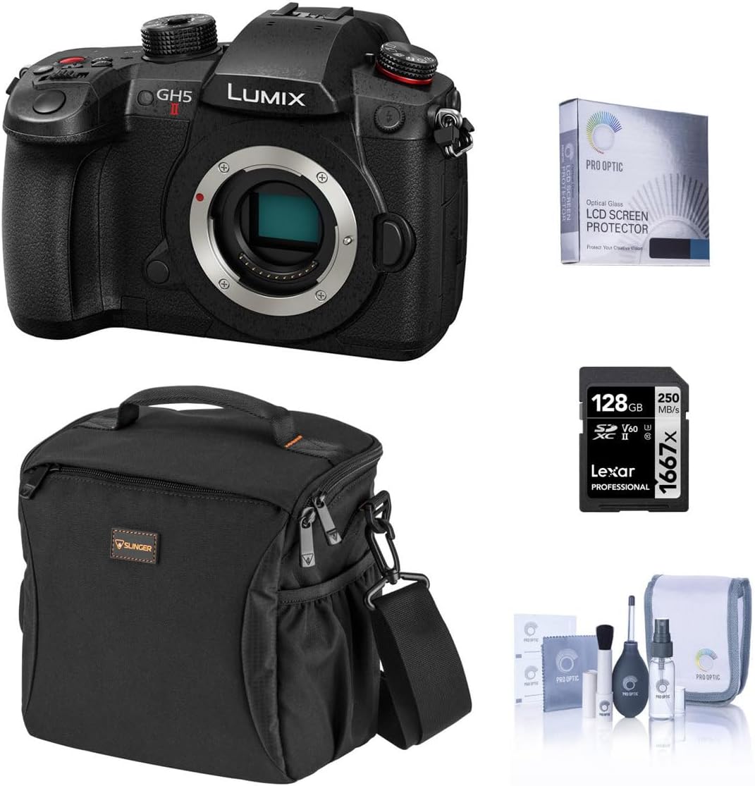 Panasonic LUMIX GH5II Mirrorless Camera Bundle with 128GB SD Card, Shoulder Bag, Screen Protector, Cleaning Kit