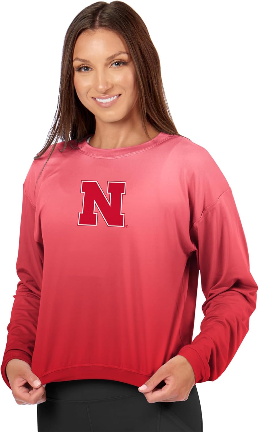 CERTO NCAA Women's Long Sleeve High-Low Top, Ombre Wash Crewneck T-Shirt, Officially Licensed Fan Apparel