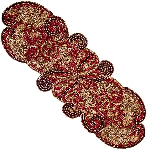 Cotton Craft Scarlett Leaves Handmade Beaded Table Runner - Halloween Harvest Autumn Fall Thanksgiving Holiday Christmas Xmas Celebration Festive Party Tabletop Décor Tablerunner - 13x36 Red & Gold