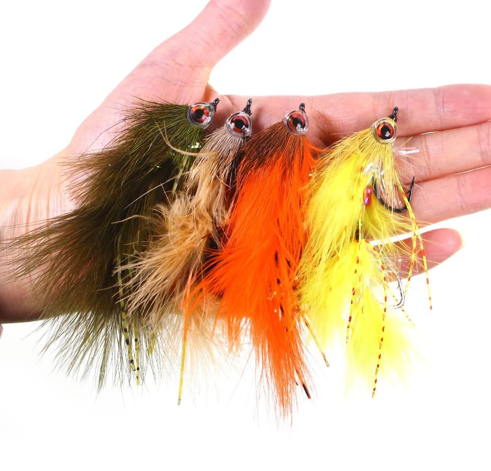 Pack of 4 Double Hook Deer Hair Articulated Streamer Fly for Big Trout Game Fishing Bait Saltwater Fishing Salmon Bass