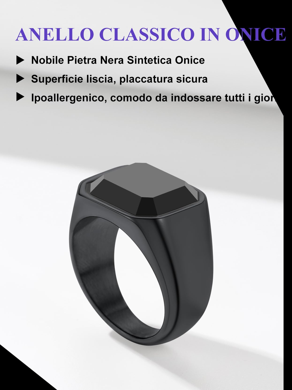 Richsteel Anello Uomo Argento Anello in Acciaio Inossidabile 316L Zircone Agata Nera Superficie Diamantata Quadrata Anello Taglia IT 14-27 Regalo Compleanno Impermeabile e Antiallergico