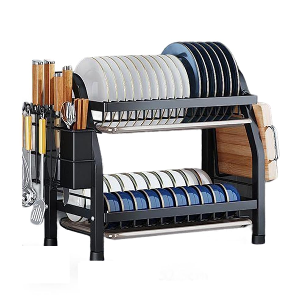 Bosiyrggrl Black Kitchen Countertop Bowl Rack Double-Layer Tableware Storage Rack Multifunctional Integrated Bowl Rack,