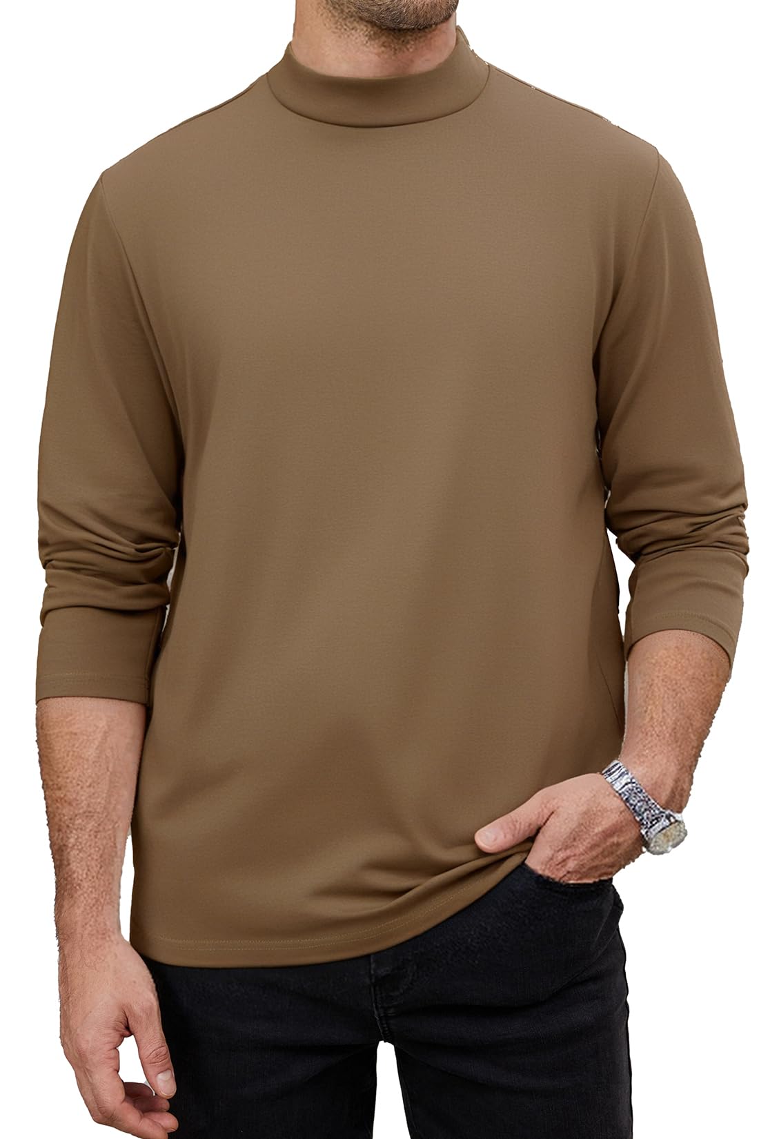 LuxMania Men's Casual Cotton Mock Turtleneck Long Sleeve T-Shirts Coffee XXL