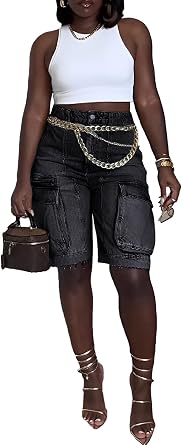 Ecirod Cargo Bermuda High Waisted Denim Shorts Women Distressed Raw Hem Long Jean Shorts with Pockets