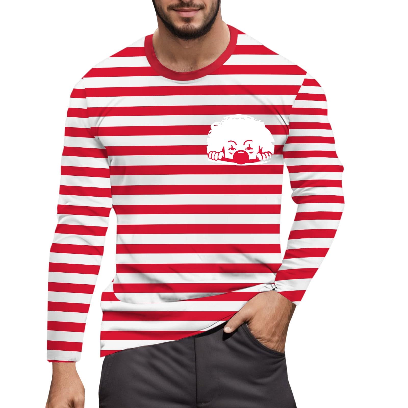 Striped Shirt Men Women Red White Long Sleeve T-Shirt Carnival Long Sleeve T-Shirt Horizontal Stripes Wide Stripes Fine Stripes Crew Neck Leisure Top Striped Shirt Fancy Dress Costumes, Red-8, XXL