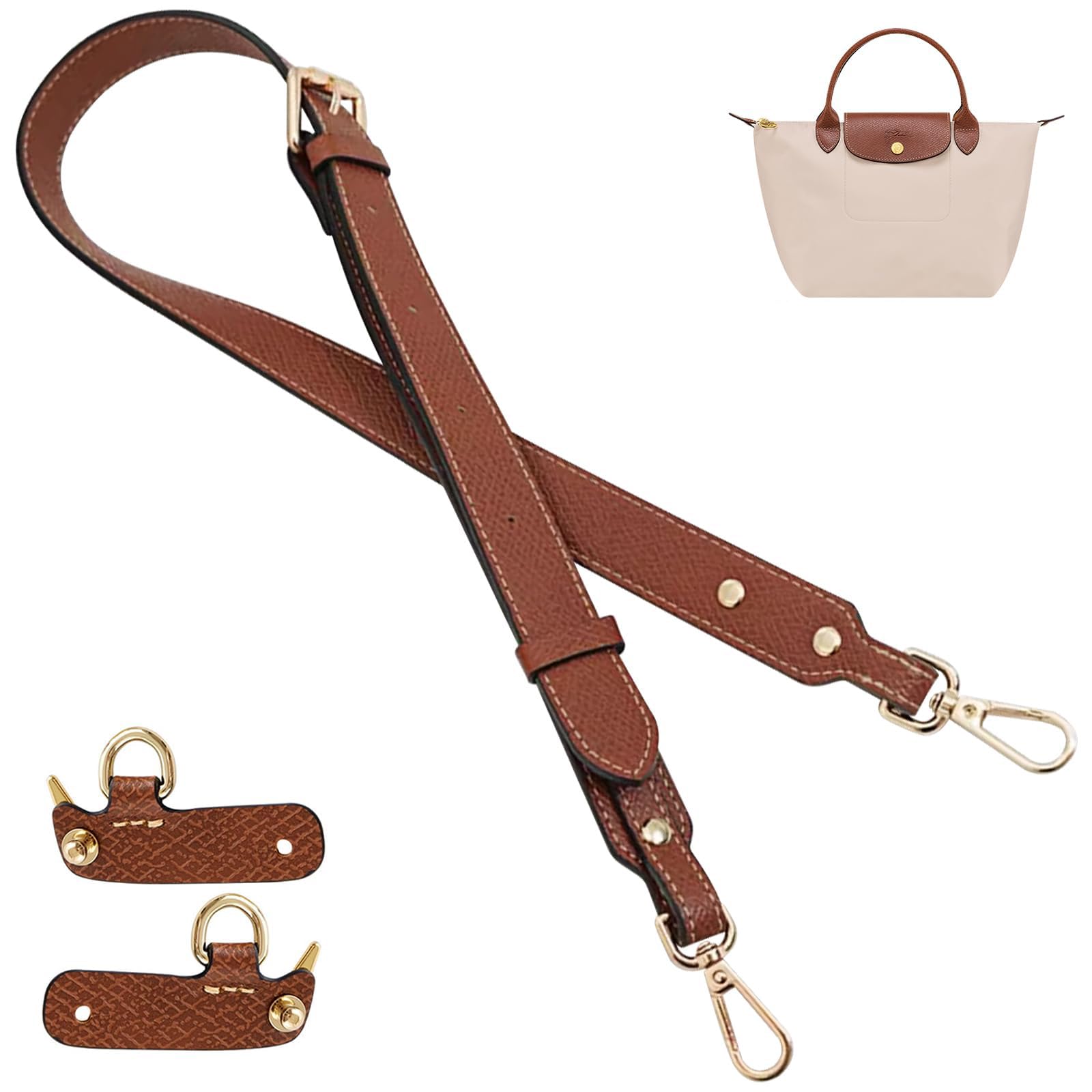 Bag Leather Strap Replacement Adjustable Crossbody Shoulder Straps for Small Medium Large Pouch, No Damage Conversion Kits Accessories(Small Medium Large-Brown-Gold)